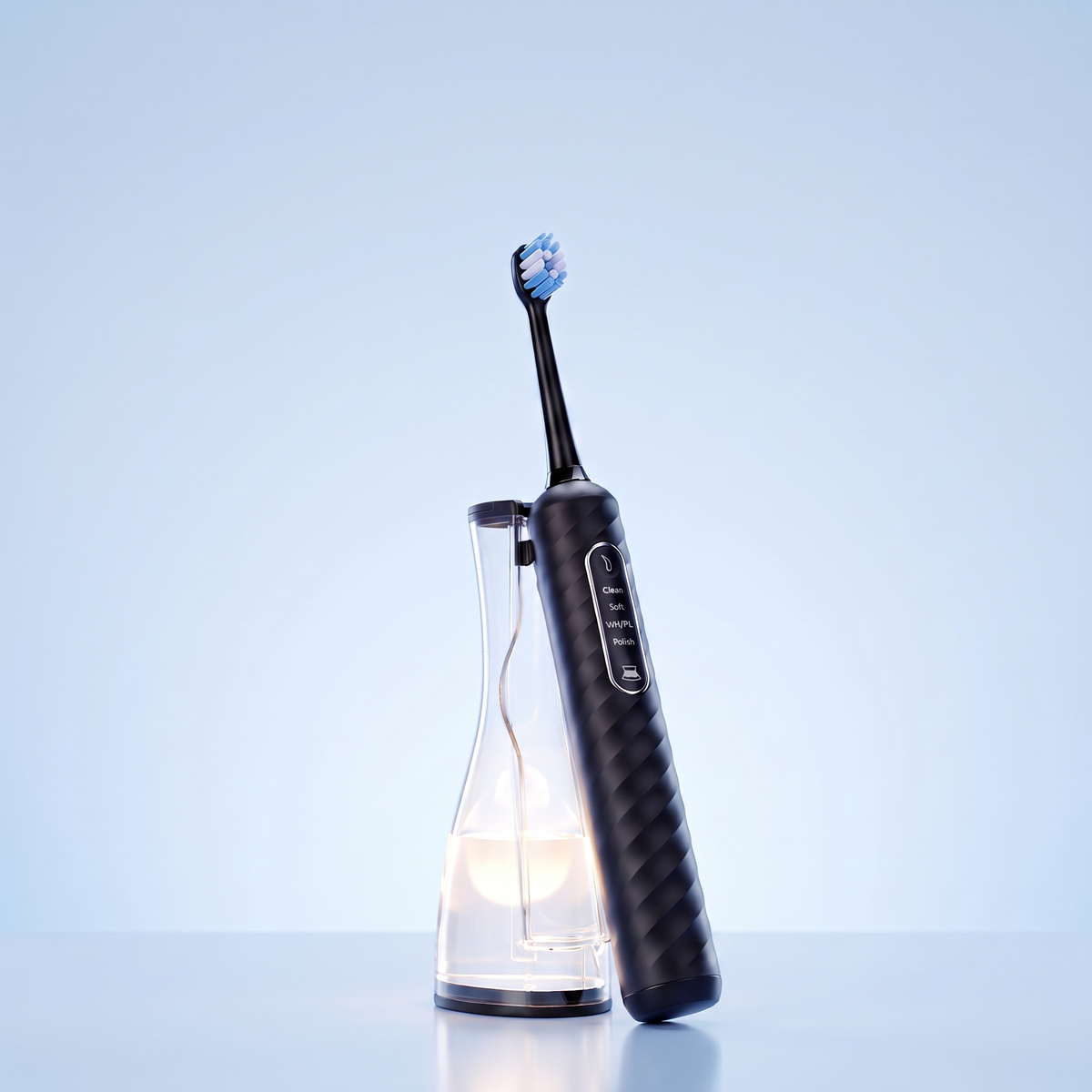 Toothbrush standing on its clear tank
