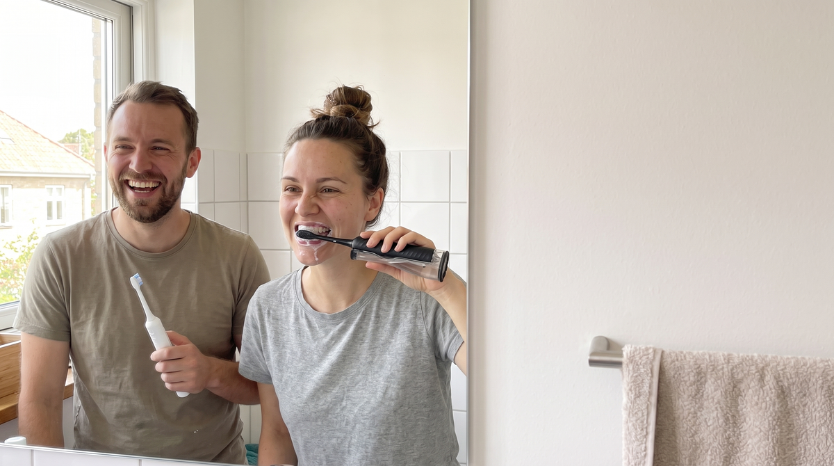 Couple laughing during their morning routine